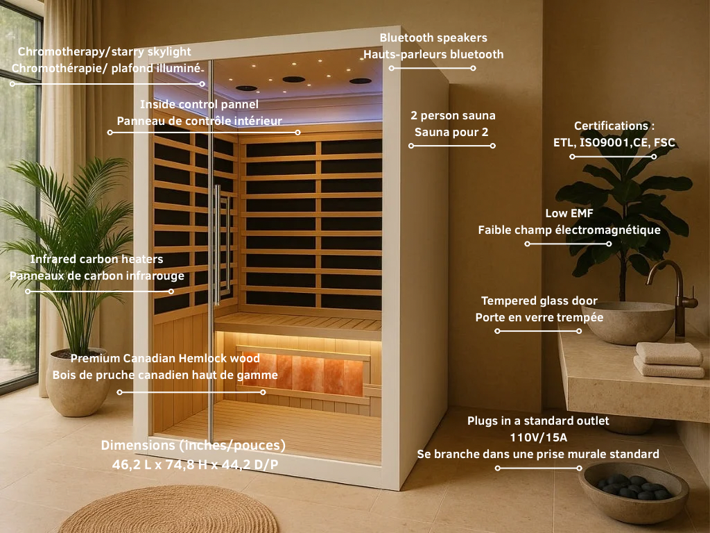 Sauna intérieur infrarouge blanc iComfort IC43-1860-BLANC pour 2 personnes *PRÉCOMMANDE POUR JUILLET 2026