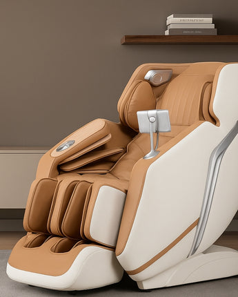 Massage chair in a room with a shelf and decorative items.