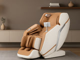 Massage chair in a room with a shelf and decorative items.