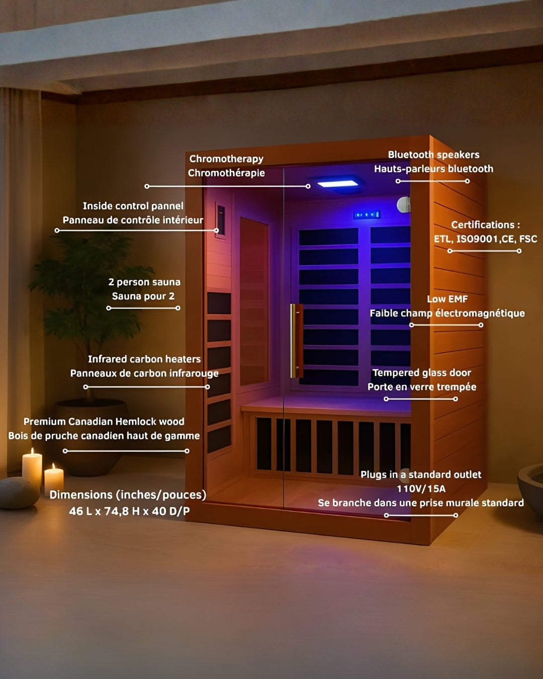 Sauna intérieur infrarouge Westinghouse WES43-1700 pour deux personnes 